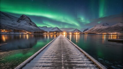 Snowy wooden pier leads to a serene winter landscape under a vibrant aurora borealis display. Dark mountains and a calm, reflective water body create
