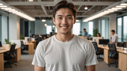 Obraz premium Happy Smiling Young Professional in Modern Office Environment: Innovative Workplace Collaboration and Digital Business Background