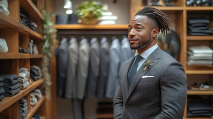 Naklejka premium A well-dressed man with dreadlocks poses confidently in a modern clothing store filled with neatly arranged suits and fashion items. His outfit is complemented by a stylish lapel pin.