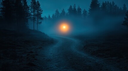 Misty forest path at night with warm light