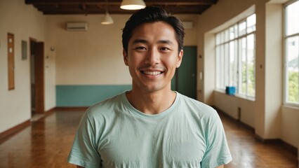 Fototapeta premium Inspiring Smiling Japanese Man Volunteer in a Modern Interior: Uplifting Portrait for Editorial, Community, and Nonprofit Narratives