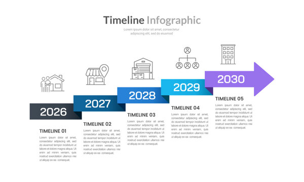 5 Steps infographic timeline arrow design template. Business Presentation, Plan, Milestone and Strategy. Vector illustration.