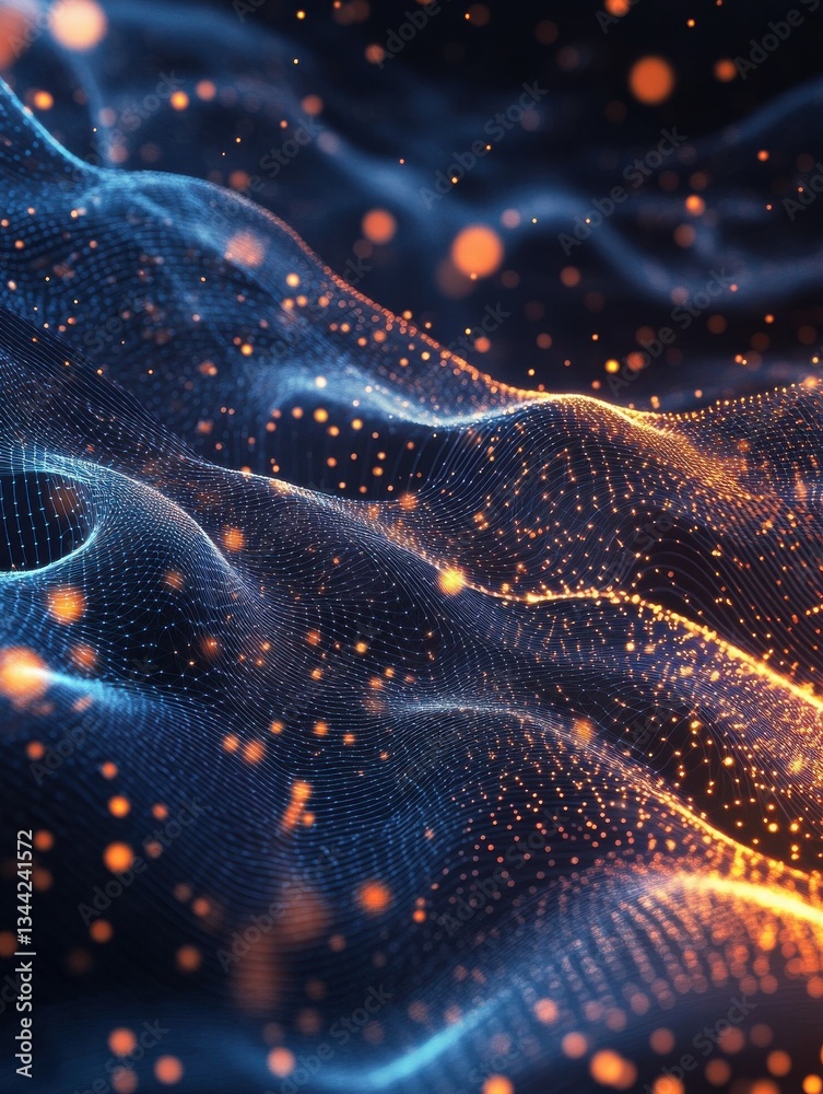 Poster Abstract technology web background with flowing neural-like patterns and glowing dots, representing AI