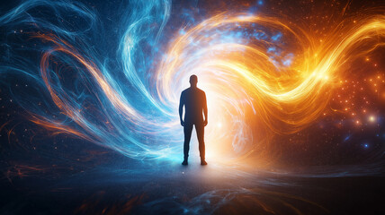 man stands in center of abstract background, surrounded by swirling blue and orange light, creating captivating cosmic atmosphere. scene evokes sense of wonder and exploration