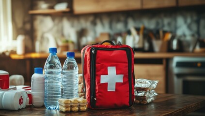 Emergency preparedness supplies on a kitchen table