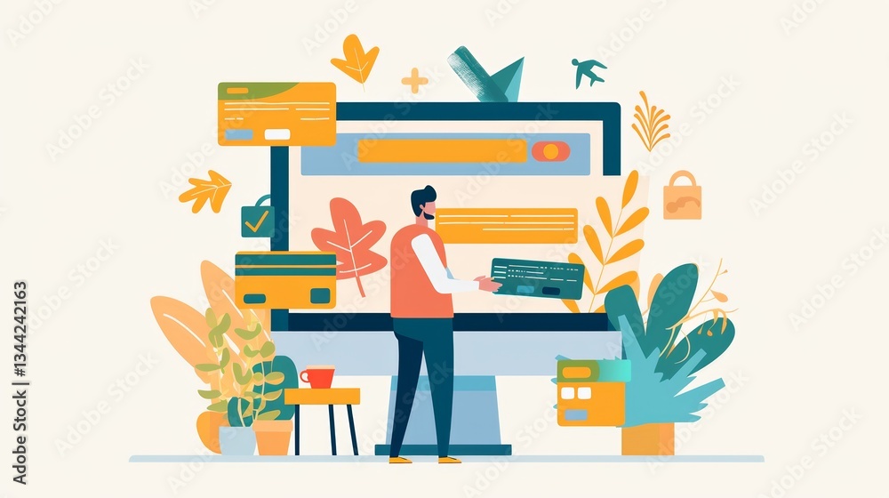 Poster engaging online shopping experience with secure credit card transactions and vibrant digital environ
