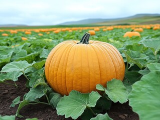 Large orange pumpkin in a field of pumpkins. Perfect for autumn, harvest, and Thanksgiving themes.