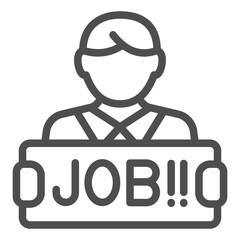 Obraz premium Person with job banner line icon, recruitment concept. Vector graphics. Man looking for work sign on white background, outline style icon for mobile or web design.