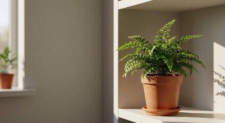 Fototapeta premium Green Fern Plant in a Brown Terracotta Pot on a White Shelf Illuminated by Sunlight Near a Window