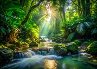 Crystal Clear Jungle Stream: Lush Tropical River Scene, Rural Watercourse