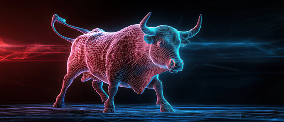 dynamic wireframe bull with glitch effects, showcasing vibrant blue and red colors, symbolizes strength and energy