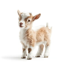 A highly detailed, realistic portrait of a baby goat standing in a side view, full body, isolated on a white background. The fluffy white and light brown kid has tiny budding horns, perked ears, 