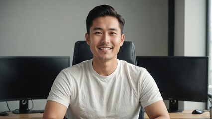 appy Smiling Japanese Software Developer in Home Office: Versatile Freelancer Embracing Remote Work, Digital Creativity, and a Modern Tech Lifestyle
