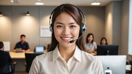 Happy Smiling Japanese Woman in Modern Office as Customer Representative: Engaging Professional Delivering Exceptional Customer Service and Communication