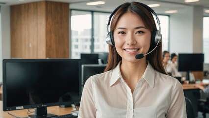 Happy Smiling Japanese Woman in Modern Office as Customer Representative: Engaging Professional Delivering Exceptional Customer Service and Communication