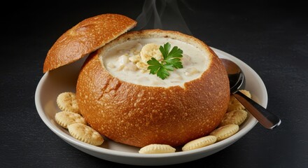 Creamy Soup in Bread Bowl with Crackers and Garnish Detail