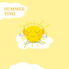 Summer time. Square postcard or banner with cartoon sun, listening to music and meditation on cloud, yoga. Vector illustration