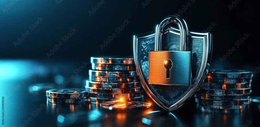 Poster A metallic shield with a lock stands prominently among stacks of coins. The setting highlights themes of security and privacy in banking, emphasizing the importance of protecting financial assets.