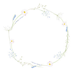 Watercolor floral round wreath frame. Meadow blue sweet peas, yellow wild flowers, chamomiles, green branches, leaves.