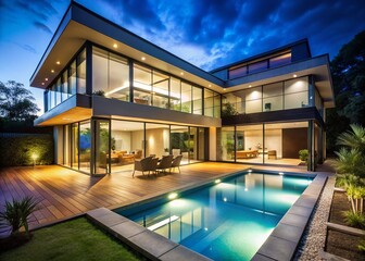 Modern Luxury Home Exterior Night Long Exposure Pool Patio Glass Windows