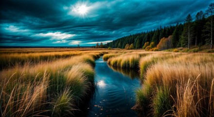 Obraz premium Sunlit river winding through golden grasses under a dramatic sky