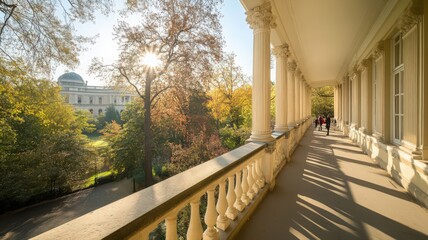 Autumnal Sunlight on a Classical Colonnade Overlooking a Garden