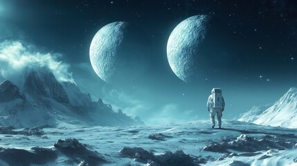 Astronaut on alien ice planet with double moons