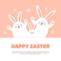 Happy Easter greeting card. Vector illustration with Easter bunnies, eggs and flowers on pink background. Hand drawn design.