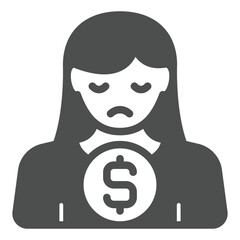 Manager woman with sad face and dollar coin solid icon, sanctions concept. Vector graphics. Female person out of job sign on white background, glyph style icon for mobile or web design.