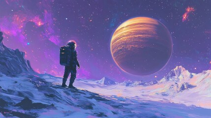 Obraz premium Astronaut on alien landscape gazing at a gas giant planet
