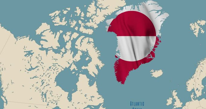 Animated world map with Greenland island in the colors of the national flag