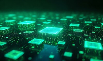Fototapeta premium A vibrant digital mosaic of neon green and electric blue squares, floating in zero gravity, sleek futuristic cyber aesthetic.