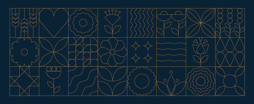 Abstract geometric line background. Minimal mosaic floral pattern with simple shapes and lines, nature icons. Vector modern botanic banner