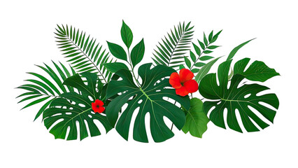Tropical Plants , Monstera, Fern, Exotic Shrubs, and Colorful Hibiscus Flowers,  on Transparent Background, Generative AI