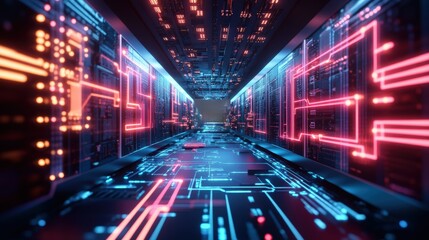 Fototapeta premium A Stunning Digital Rende of a Futuristic Hallway with Glowing Circuit Boards and Vibrant Pink and Blue Lines Leading to Infinity Beyond View