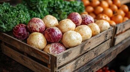 Freshly harvested cabbages and eggs displayed in a rustic market setting