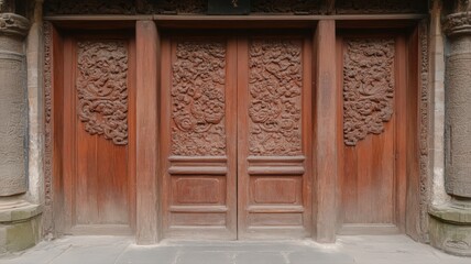 Obraz premium Intricate Carved Wooden Doors in Stone Frame