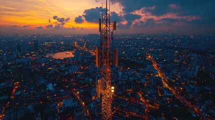 Aerial view of a city skyline at sunset with a communication tower in focus