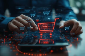 Person using tablet with digital shopping cart icons overlayed for online shopping concept view