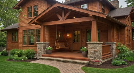 Fototapeta premium Inviting Home Exterior with Porch Swing and Landscaped Garden