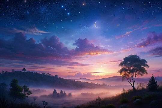 Serene twilight landscape painting, where a lone tree stands sentinel against a mystical sky filled with stars and a crescent moon, bathed in soft pastel hues. - Powered by Adobe