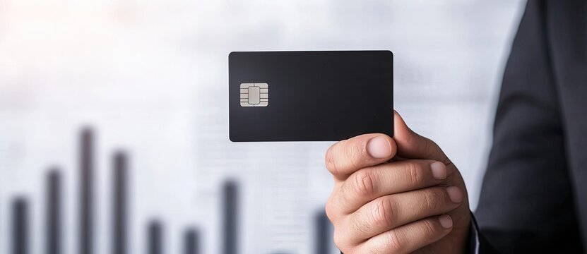 A close-up of a hand holding a black card, with a blurred financial graph in the background, symbolizing finance and investment.
