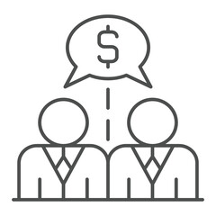 Two humans chat talk thin line icon, world sanctions concept. Vector graphics. Dollar currency in men dialog bubble sign on white background, outline style icon for mobile or web design.