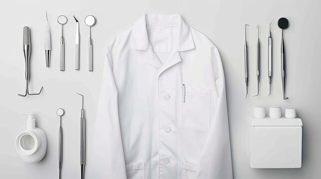 Dental instruments displayed on a white lab coat background for medical and dental educational purposes Generative AI