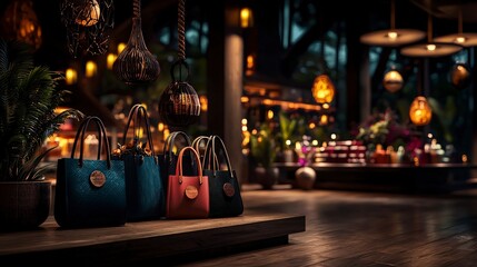 Fototapeta premium Elegant handbags displayed in cozy boutique nighttime setting lifestyle imagery warm atmosphere