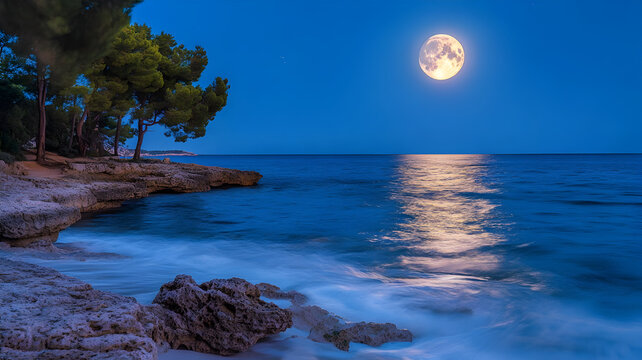 Peaceful moonlit coastline with rocky shore and calm sea under clear night sky