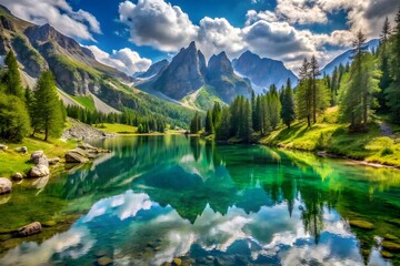 Scenic Mountain Lake in Yosemite National Park with Reflection and Snowy Peaks