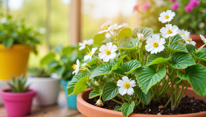 Flowering strawberry plants in colorful pots on patio