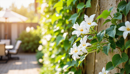 Blooming white flowers on a green vine in a sunny garden