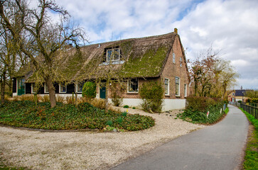 Noordeloos, March 13, 2025: scenic farmhouse with thatched roof and brick facade and a narrow asphalt road curving around it